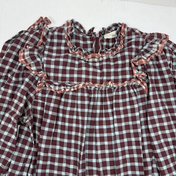 Ulla Johnson Elm Plaid Ruffle Mini Dress Size 8 Burgundy Check Long Sleeve - Picture 7 of 13